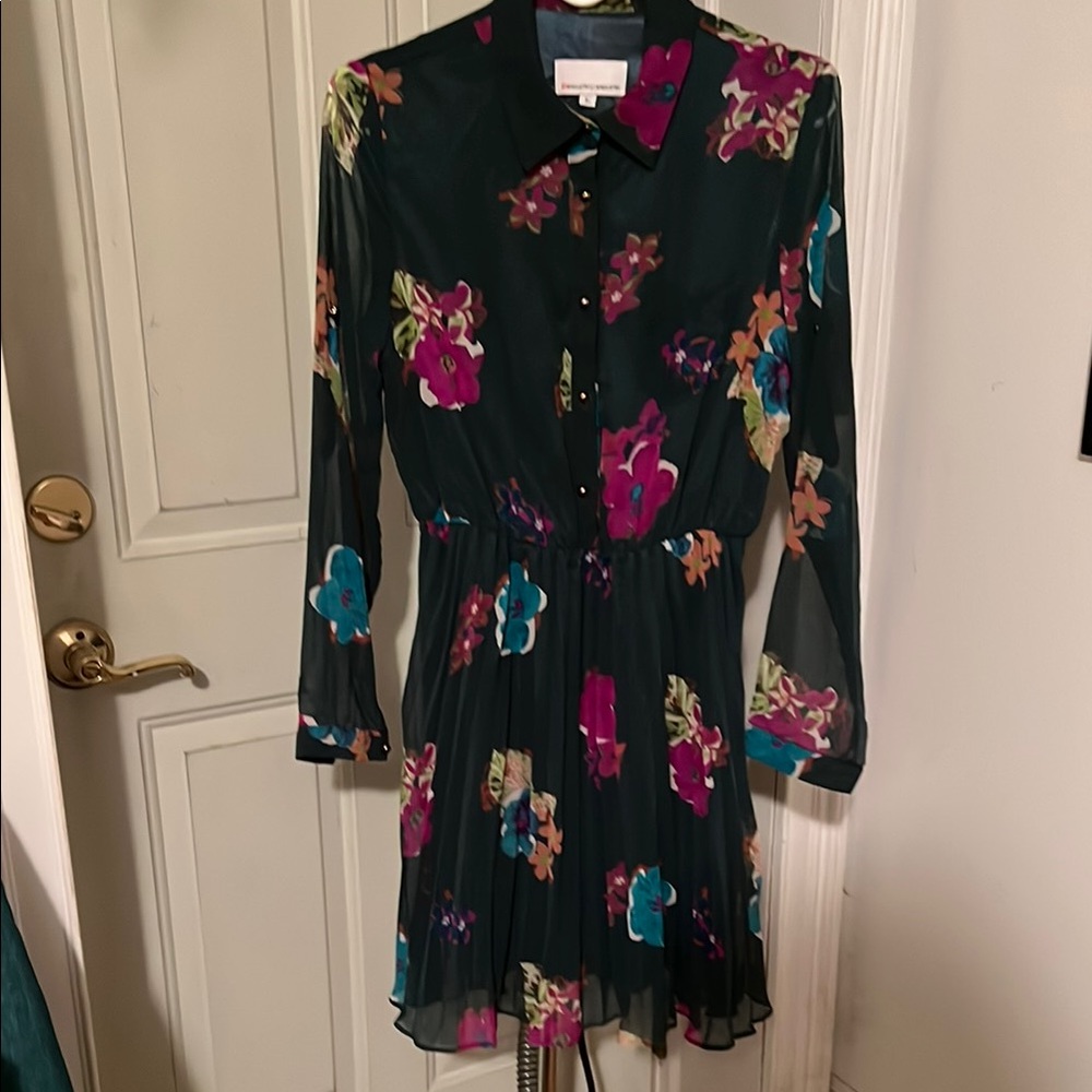 Flower Spotted Dark Green Pleated Dress